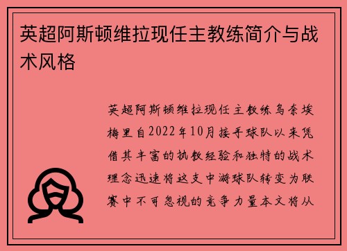 英超阿斯顿维拉现任主教练简介与战术风格