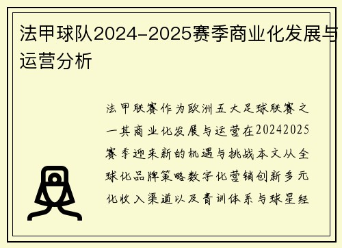 法甲球队2024-2025赛季商业化发展与运营分析