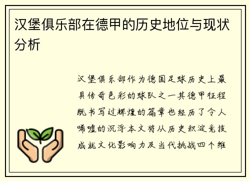 汉堡俱乐部在德甲的历史地位与现状分析